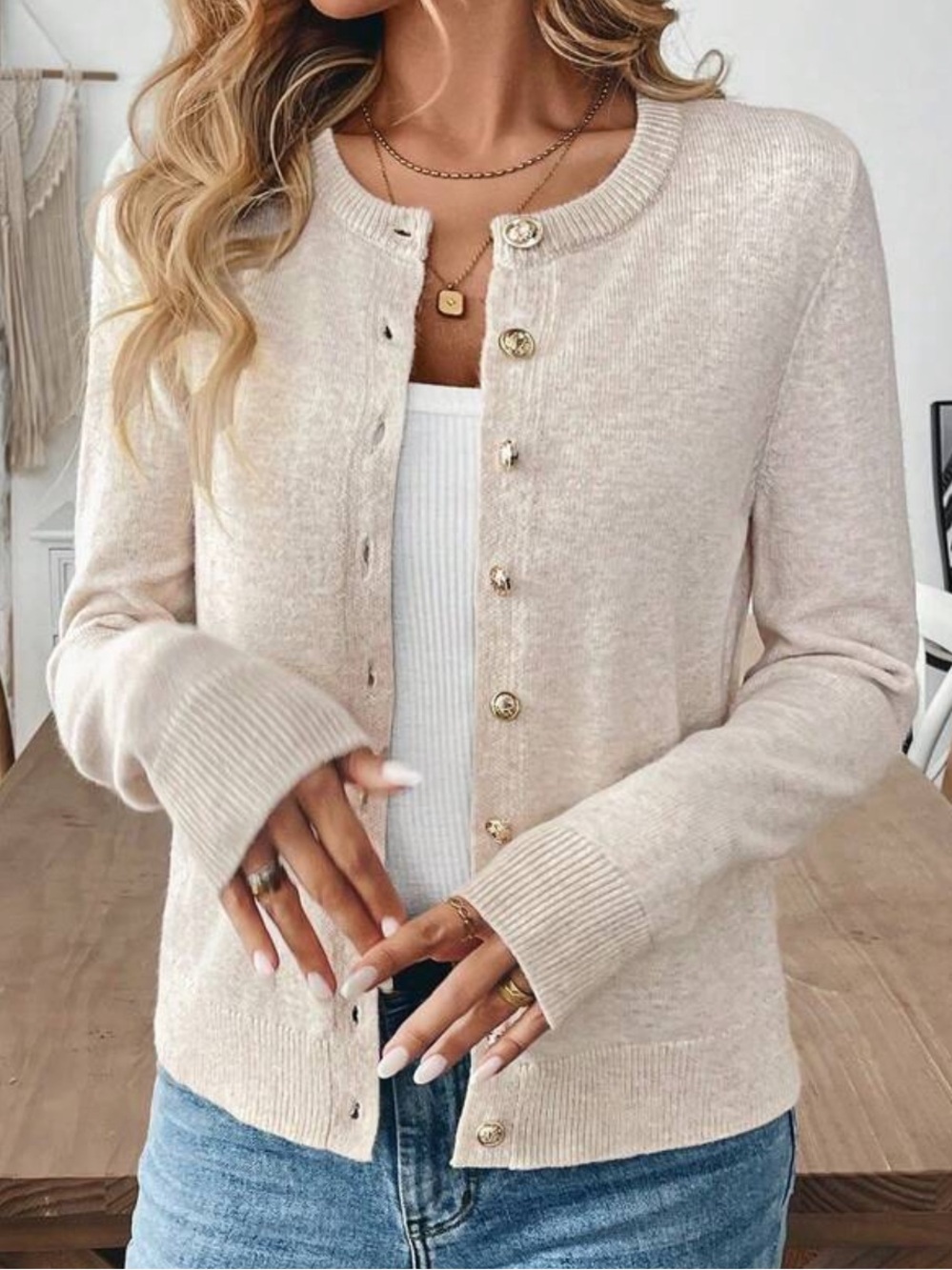 Apricot Crewneck Button Cardigan Sweater - Women